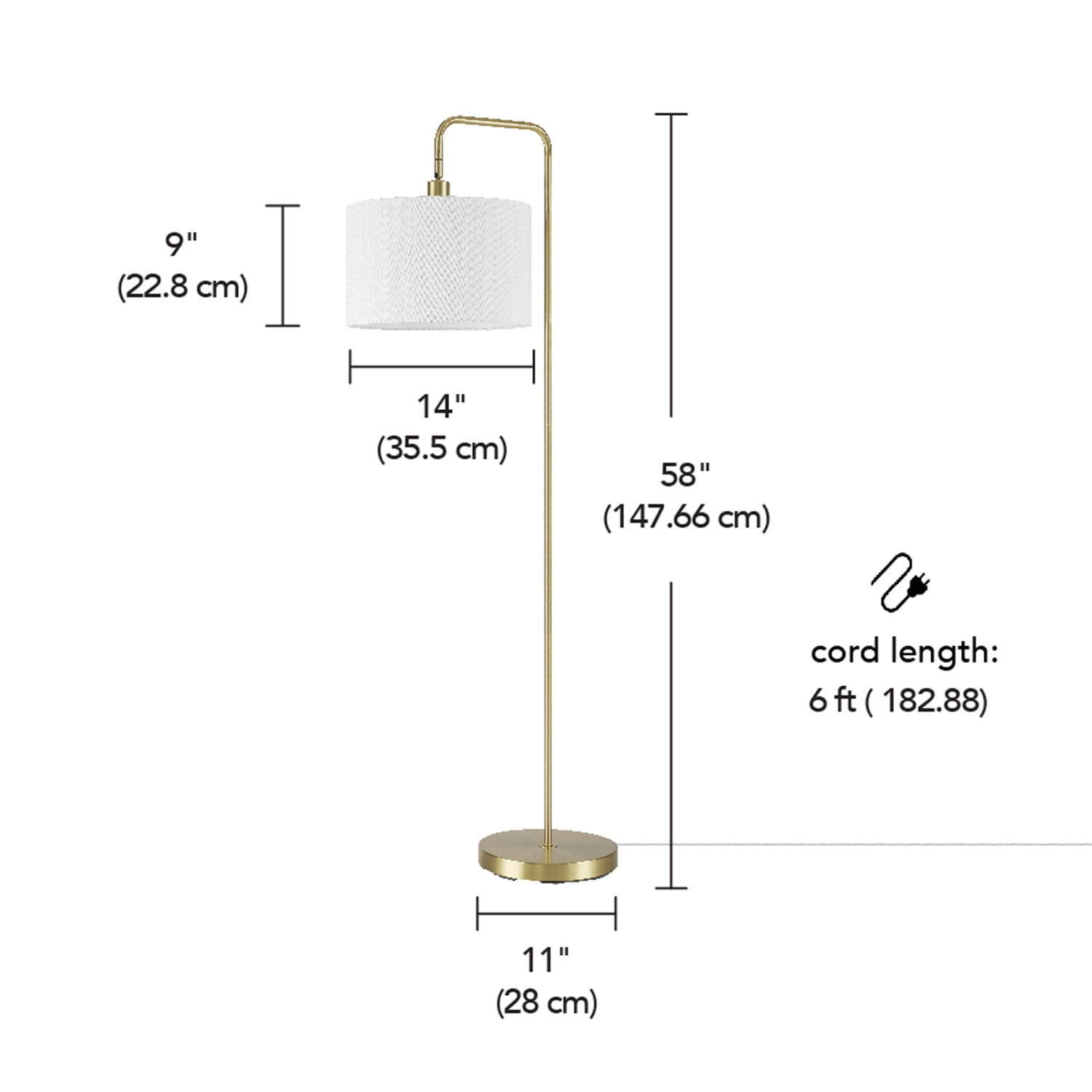 58" Brass Floor Lamp with White Linen Shade, On/Off Rotary Switch on Socket, Home Office Accessories