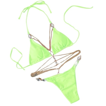 JIANJIA Womens Swimsuits Solid Color Lace Up Halter Sexy Brassiere With Thongs Beach Swimsuit Two Piece Bikinis Swimwears Bathing Suits Green S