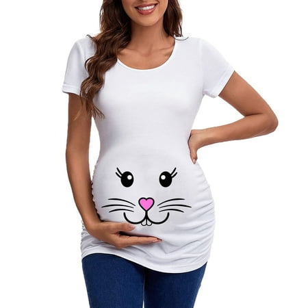 

Easter Womens Maternity Short Sleeve Crew Neck Rabbit Graphic Ruched Sides T Shirt Tops Pregnancy Tunic Blouse