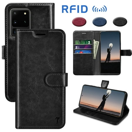 Galaxy S20 Ultra Case Samsung Galaxy S20 Ultra Wallet Case Takfox Premium [RFID Blocking] Secure Cash ID Credit Card Slots Holder Carrying PU Vegan Leather Magnetic Flip Cover Cases [Black]