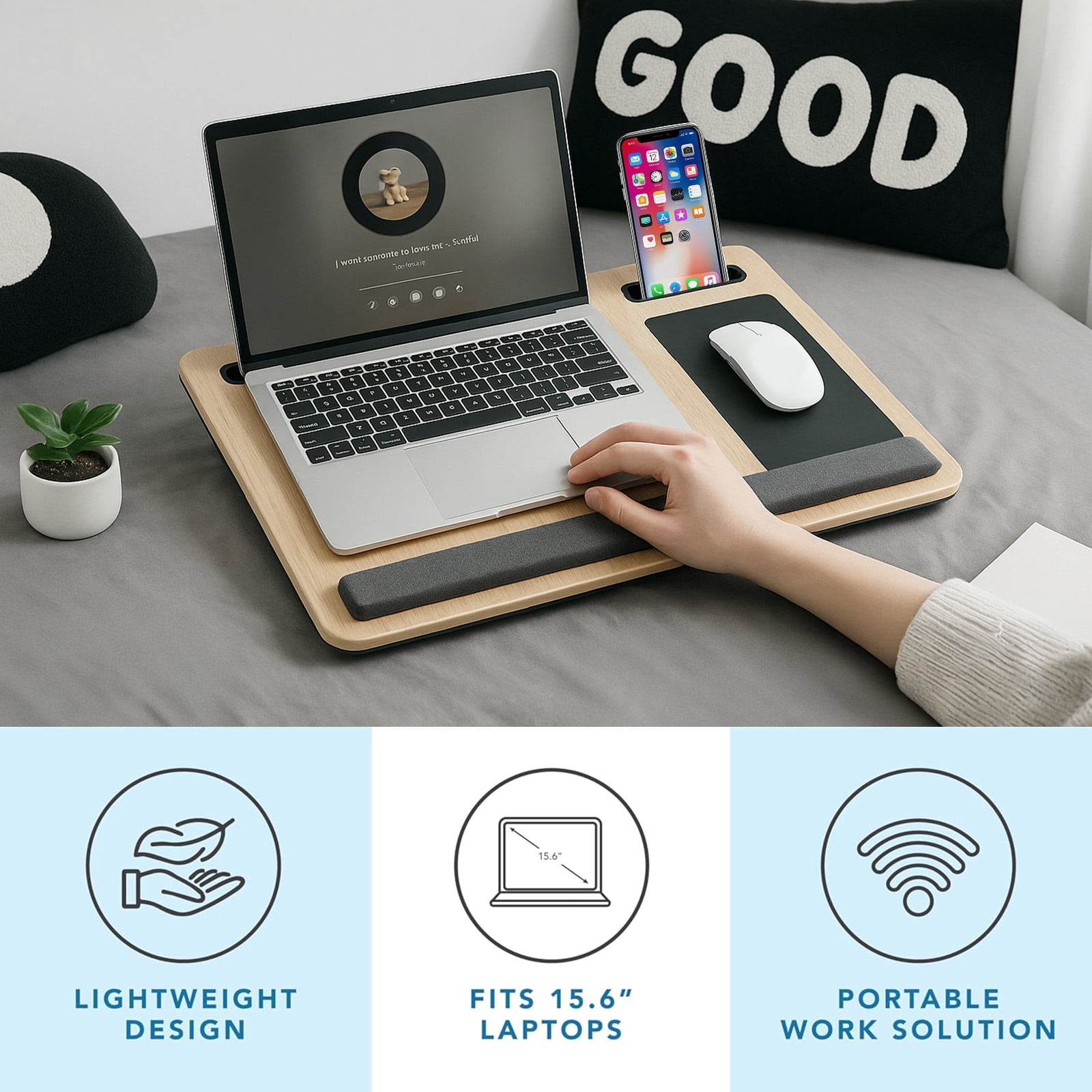 CATGOOD Portable Lap desk, Laptop Desk with Pillow, Wood Lapdesk Bed Table with Soft Pillow, Mouse Pad & iPad/Phone Slots, Fits up to 15.6 inches, White