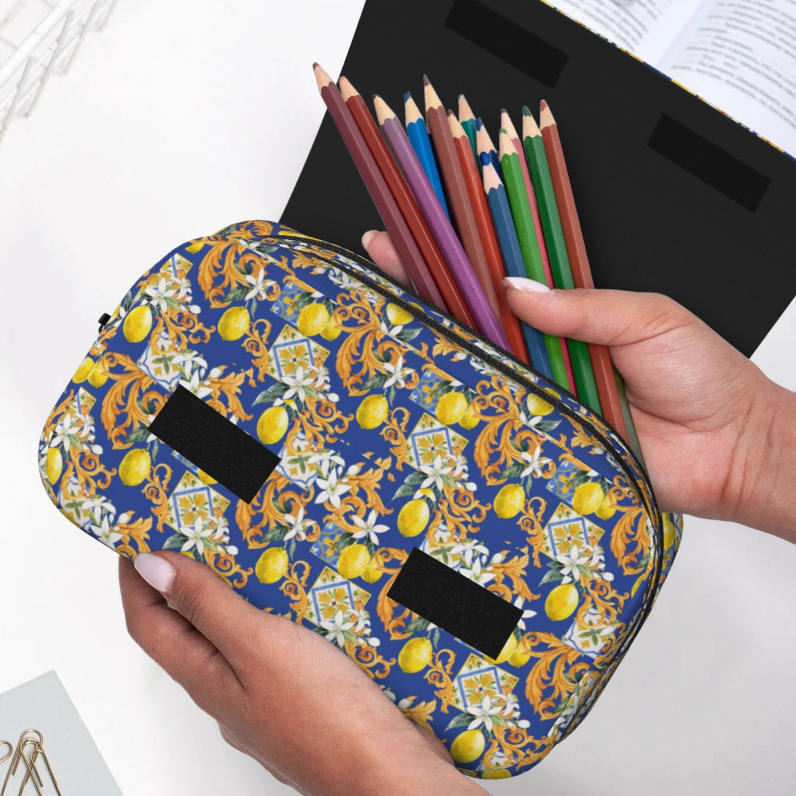 Rateoe Sicilian Style Pattern Double Clamshell Pen Case, Storage Organizer with Two Zipper Compartments– Holds Up to 50 Pencils & Pens