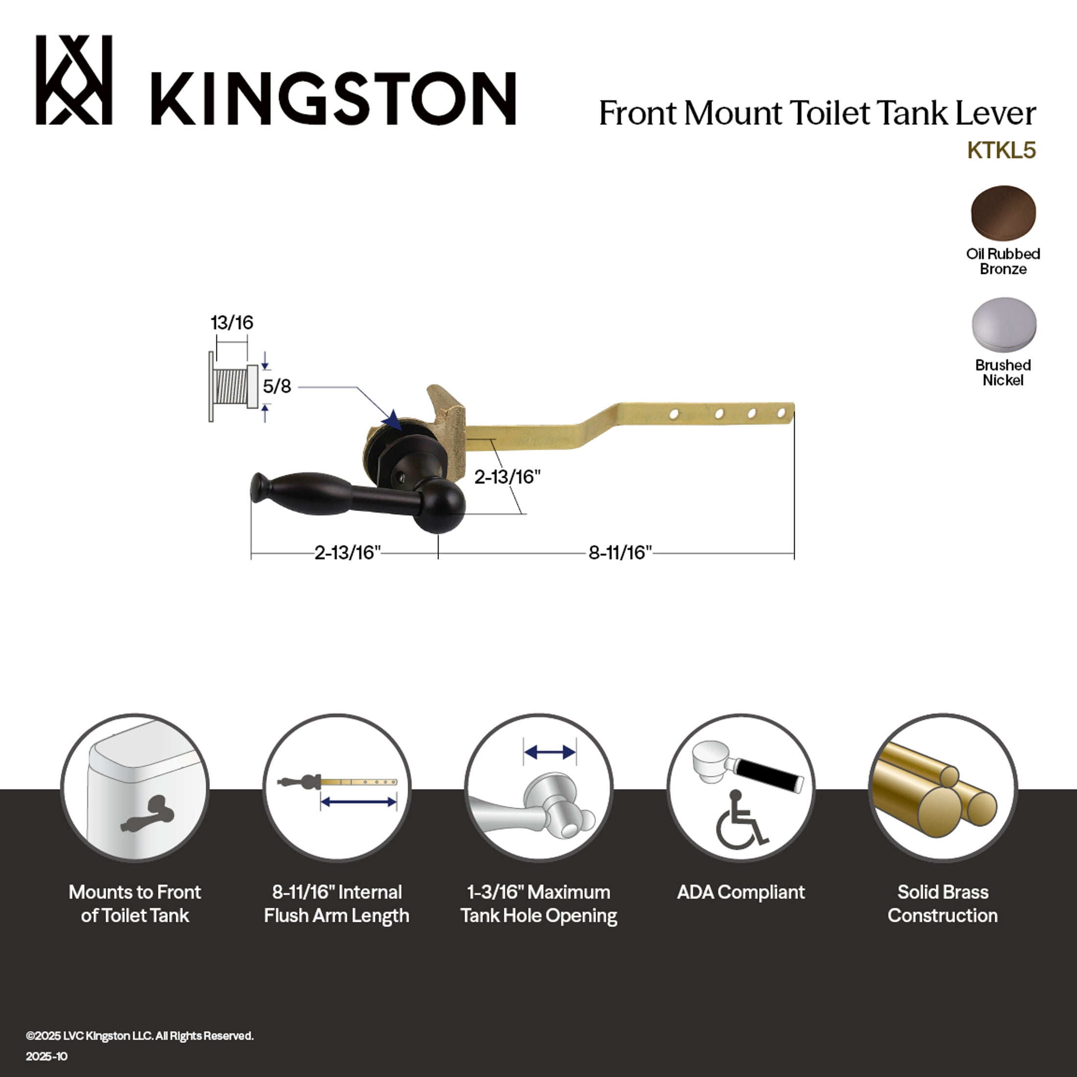 Kingston Brass KTKL8 Knight Front Mount Toilet Tank Lever, Left/Right Installation in Brushed Nickel