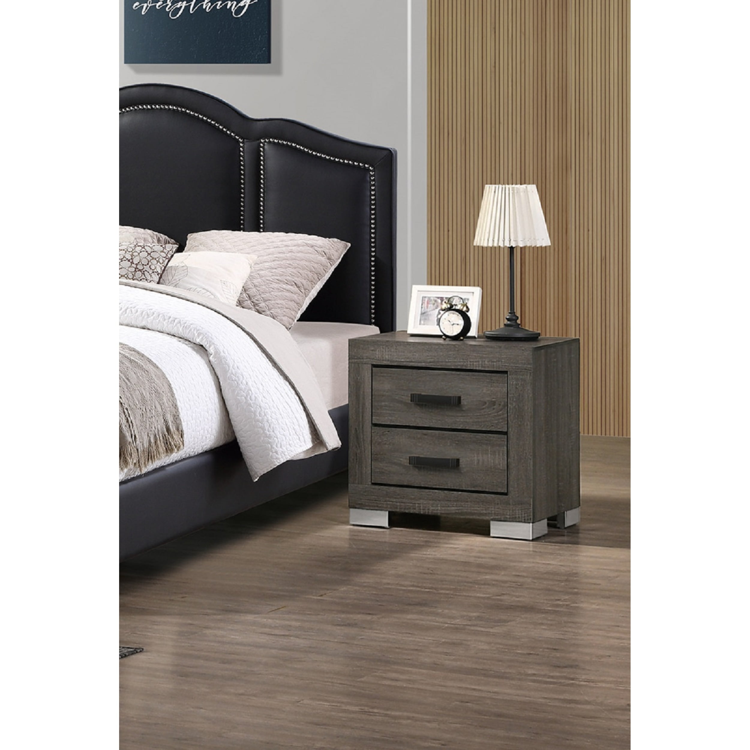 2 Drawers Wood Nightstand With Black Handles in Grey