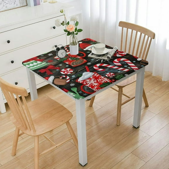 BANET Print Flannel Back Vinyl Christmas Tablecloth - Grey, Red and Green Wipe Clean Easy Care Tablecloth white