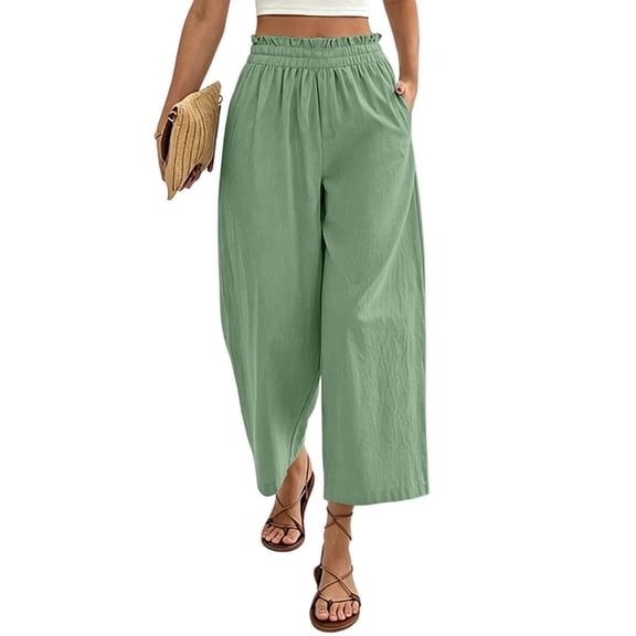 Sevevn Women's Cropped Casual Wide Leg Palazzo Pants Elastic Waisted Flowy Trousers with Pockets