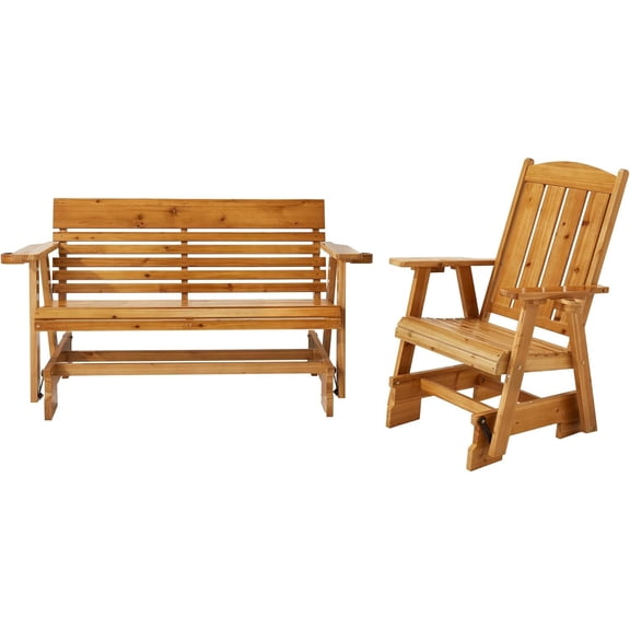 HOMREST Patio Glider Chair Set with Cup Holders Wooden Outdoor Loveseat Glider with Ergonomic Deep Contoured Seat and High Roll Back, Heavy Duty 800LBS for Garden Porch Balcony, Brown