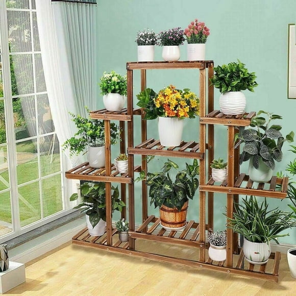XXL Wooden Plant Shelf Holder 9 Tier Carbonized Pine Wood Plant Stand for Home Garden Corner Yard Planter Flower Pot