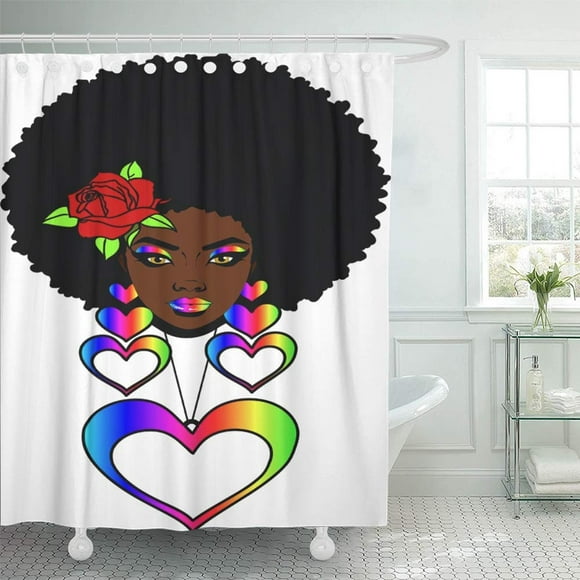 BSDHOME Beautiful Black Woman with Afro Hairstyle Rose and Heart Necklaces Love Full Shower Curtain Bath Curtain 66x72 inch