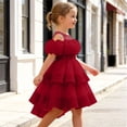 thumbnail image 6 of Flower Girls Dress Tulle Spaghetti Strap Pearl Belt Ruffle Hem Xmas Party Formal Red 3-4Years, 6 of 7