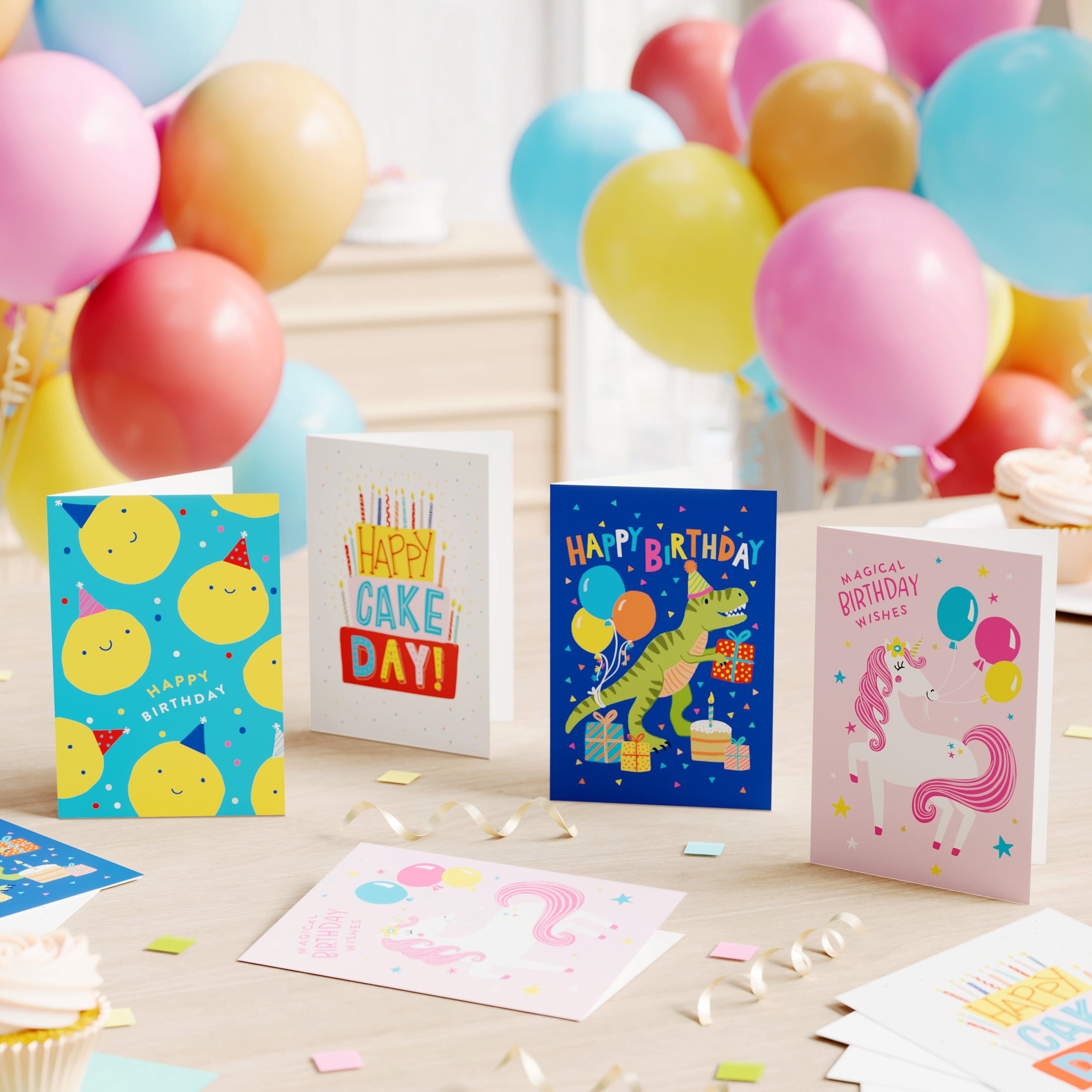 American Greetings Birthday Card Bundle for Kids, Unicorn, Balloons, Cake, Smiles (4-Designs, 12-Count)