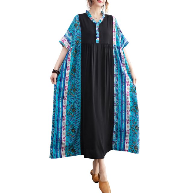 Vestido suelto de mujer con bolsillos, volantes, cuello en V, manga corta, vestido vintage de vac MABOTO Vestido