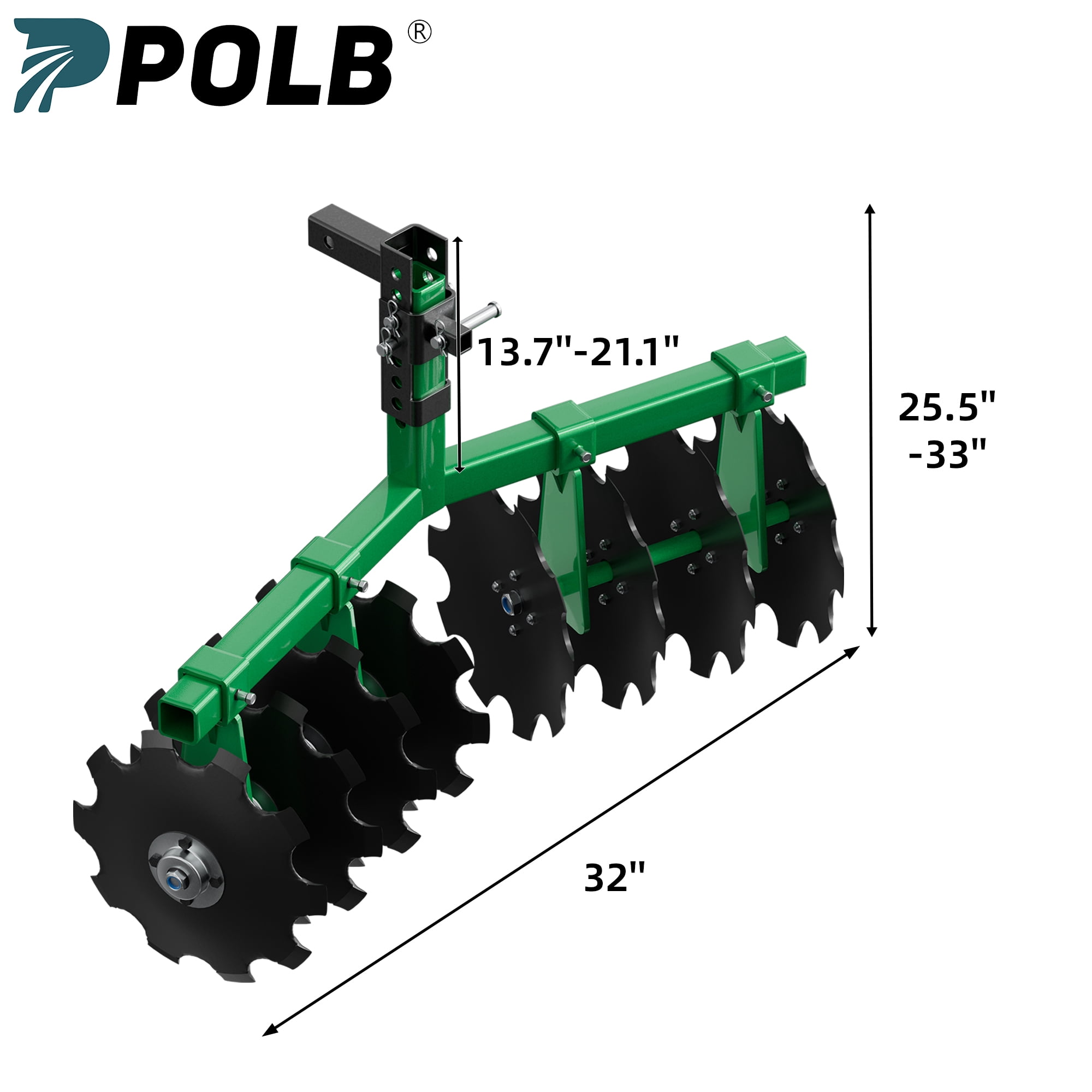 32" Tow-Behind Disc Harrow Plow for ATV/UTV/Garden Tractors, 2" Receiver Hitch, Adjustable Height Soil Tiller with 12" Steel Discs, Green