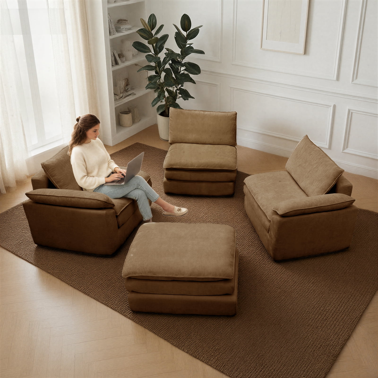 Kelyda 116'' Cloud Sectional Couches L Shaped, Modern Convertible Modular Cloud Chenille Sofa for Living Room Brown