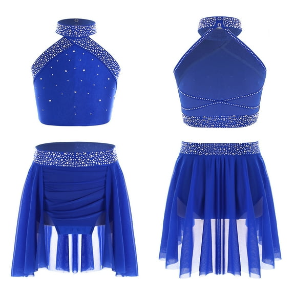 LiiYii Big Girls Two-Pieces Dance Set Lyrical Ballet Dancewear Jazz Latin Ballroom Performance Costume Blue 12