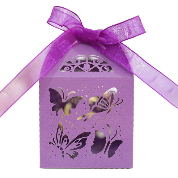 50-Pack Dark Purple Butterfly Window Treat Boxes - 5x5x8 inch Gift Favor Boxes for Wedding, Birthday, Chocolate, Candy, Snack & Party Decoration