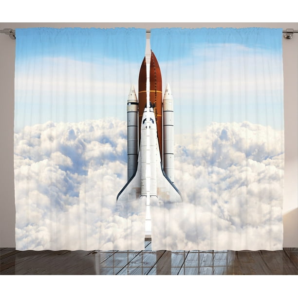 Outer Space Decor Curtains 2 Panels Set, Rocket Taking Off On Mission
