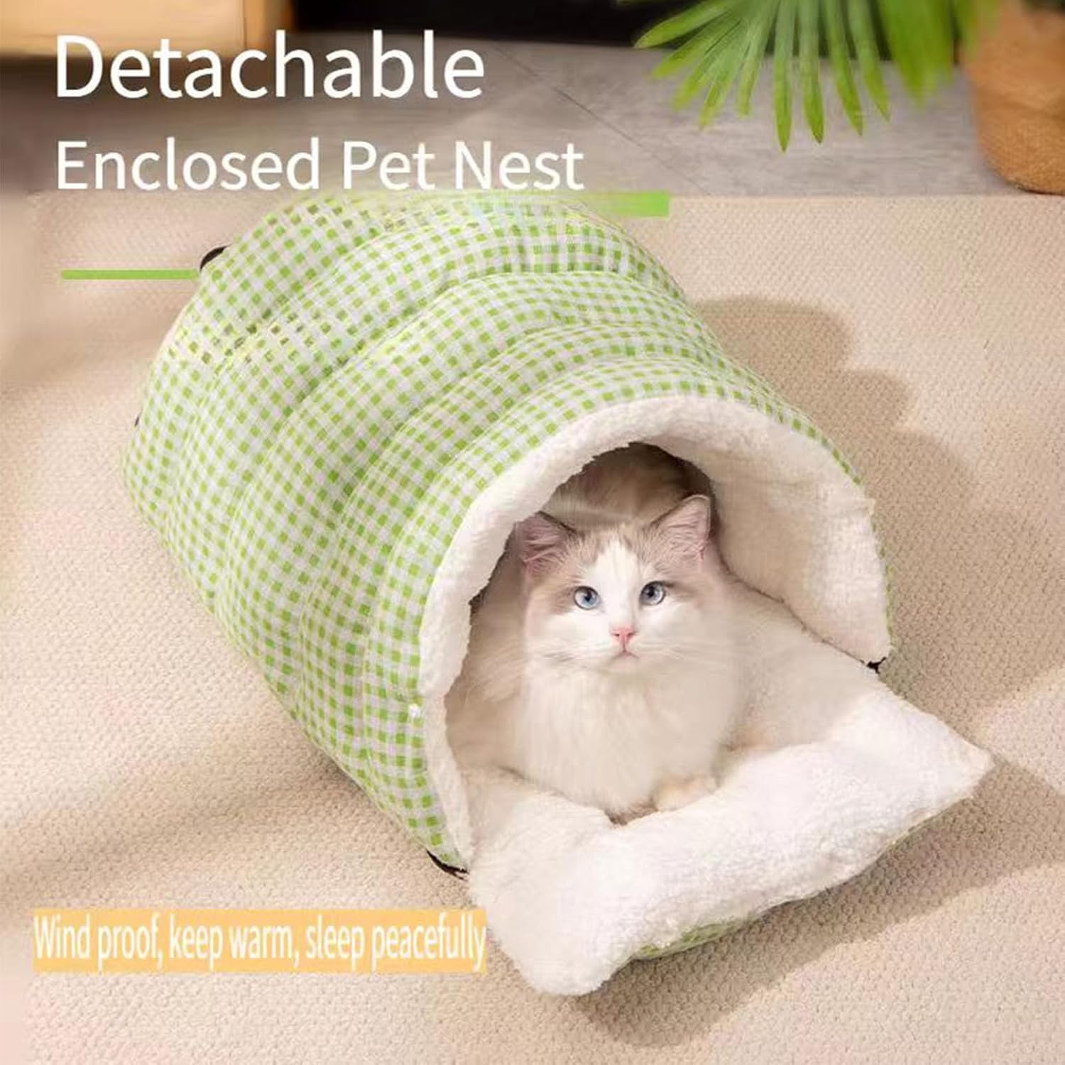 Cozy Monster Cat Bed Small Dog Cave & Indoor Cats Cave Removable and Washable Winter Closed-Off Cat Beds Tent with Cushion Hooded Dog Bed Pet House for Kittens & Dogs All-Season Use (L-Check Green)