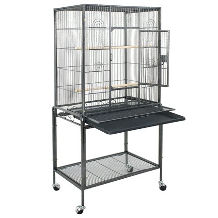 FINE MAKER 53" Bird Cage with Stand Large Rolling Bird Cage with 2 Perches 4 Feeders and Extra Storage Shelf Wrought Iron Frame Birdcage