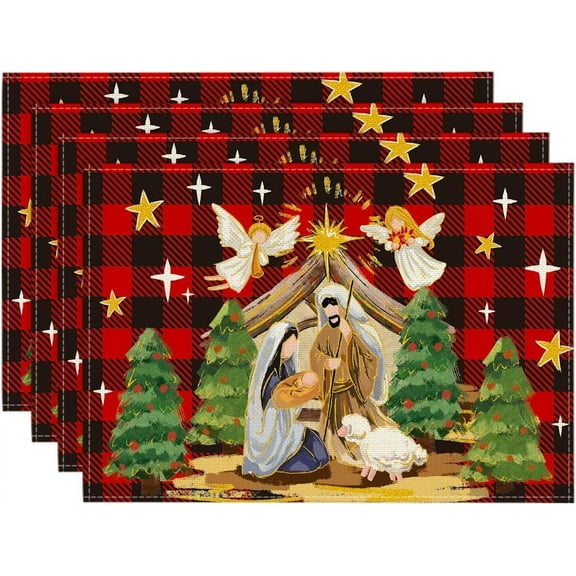 mubwai Buffalo Plaid Kogiya Shepherd Christmas Placemats Set of 4, 12x18 Inch Winter O Holy Night Xmas Table Mats for Party Kitchen Dining Decoration