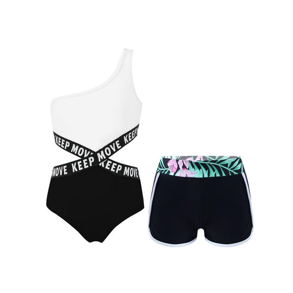YIZYIF Girls 2Pcs Swimsuit One Shoulder Criss Cross Waistline Swimming Bodysuit with Shorts for Pool Swimming Black 14