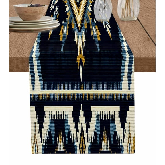 Southwest Blue Table Runner-Cotton Linen- 120 Inch Holiday Dresser Scarves, Geometric Stripe Boho Native Ethnic Aztec Tablerunner for Kitchen Coffee/Dining Living Room Dinner Scarf Décor 13x120