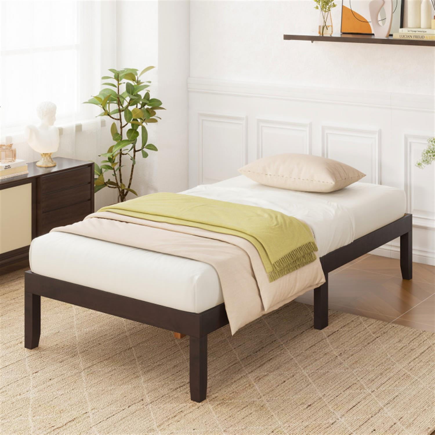Demi Bonn Twin Size Bed Frame with Wooden Slats Support and Rubber Wood Legs, Acacia Wood Platform Bed Frame with Under Bed Storage, No Box Spring Needed, Brown
