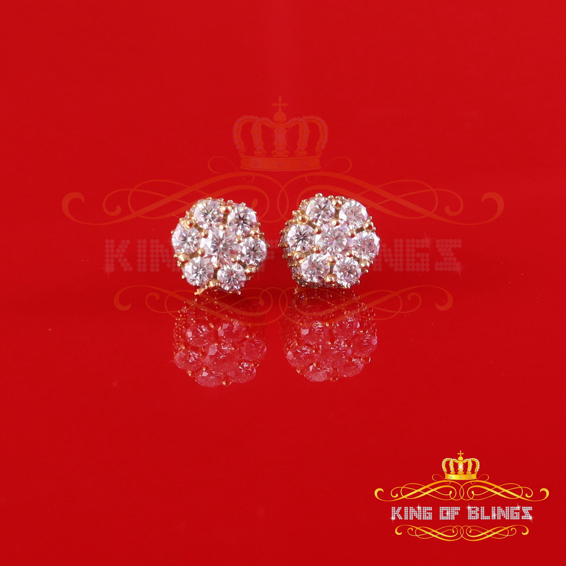 King of Bling's 925 Silver Yellow 1.50ct VVS 'D' Men's & Womens Moissanite Floral Stud Earrings