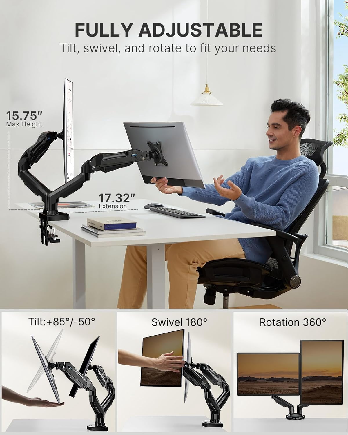 Dual Monitor Stand - Full Adjustable Monitor Desk Mount Swivel Vesa Bracket with C Clamp, Steel Monitor Mount Reinforcement Plate for , Glass and Other Fragile Tabletop