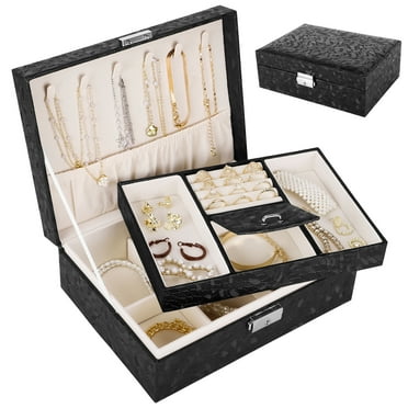 Portable Travel Jewelry Box for Women Girls, 2-Layer Large Jewelry Organizer Storage Case with Lock, Leather Storage Box with Removable Tray for Rings, Necklaces, Earrings