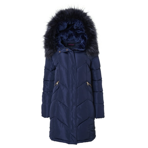 Sportoli Manteau d'Hiver Long Matelassé pour Femmes avec Capuche, Garniture en Fourrure, Doublure Peluche, Doudounes - Bleu Marine (3X)