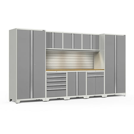 

NewAge Products Pro Series Platinum 9 Piece Cabinet Set Heavy Duty 18-Gauge Steel Garage Storage System Slatwall / LED Lights Included