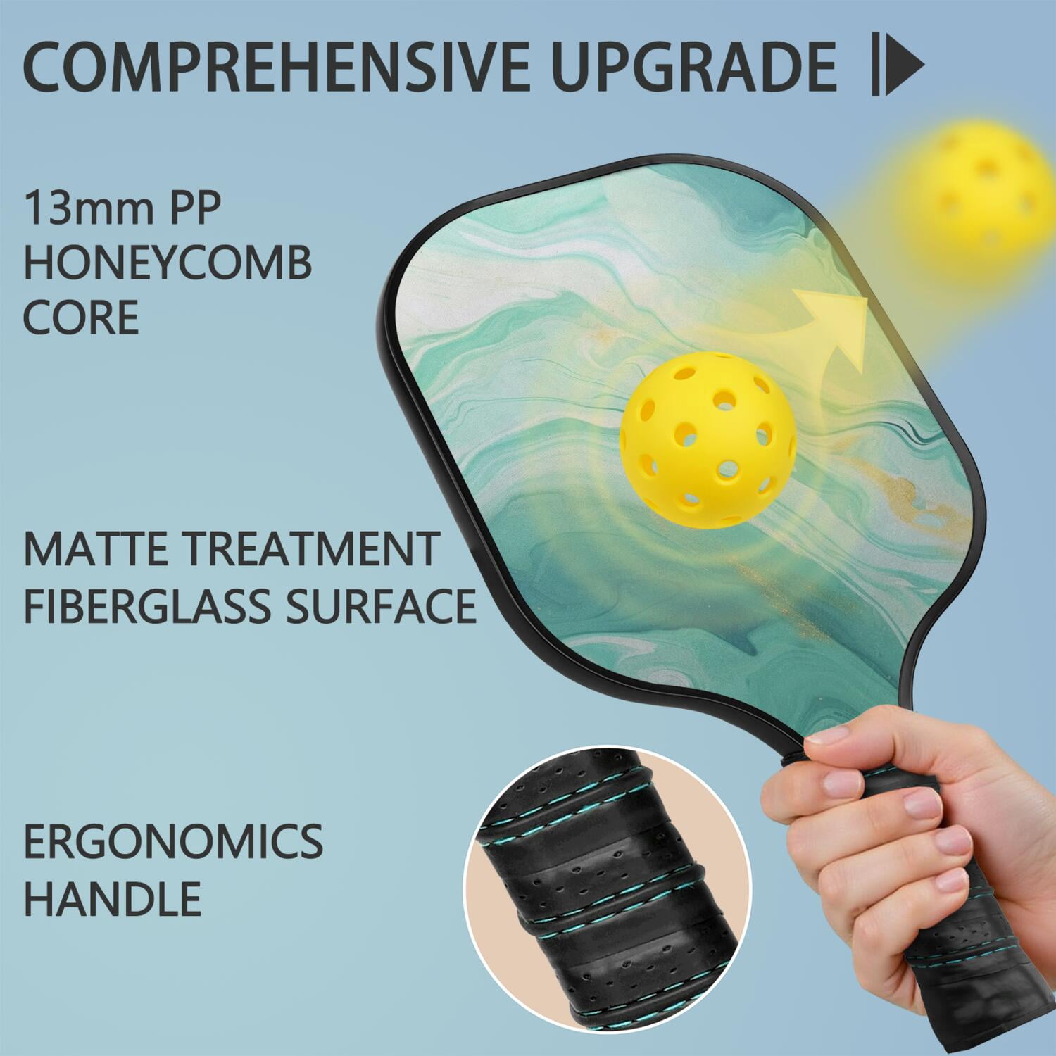 Pickleball Paddles Set Of 2, Fiberglass Surface, Turquoise Marble Pattern, 4 Balls & Bag