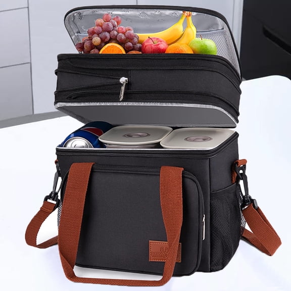Insulated Lunch Bag for Women/Men, 17L Expandable Double Deck Lunch Cooler Box, Lightweight Leakproof Lunch Tote Bag W/ Side Tissue Pocket&Adjustable Shoulder Strap, Suit for Work,School,Picnic,Black