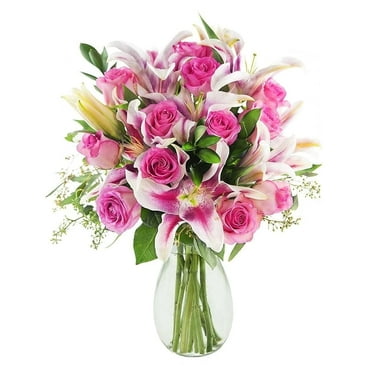 KaBloom: Fall Collection-Bouquet of 12 Pink Roses, 5 Stargazer Lilies, 6 greens in vase,Next-Day Delivery, Gift of Fresh Flowers for Every Occasion.