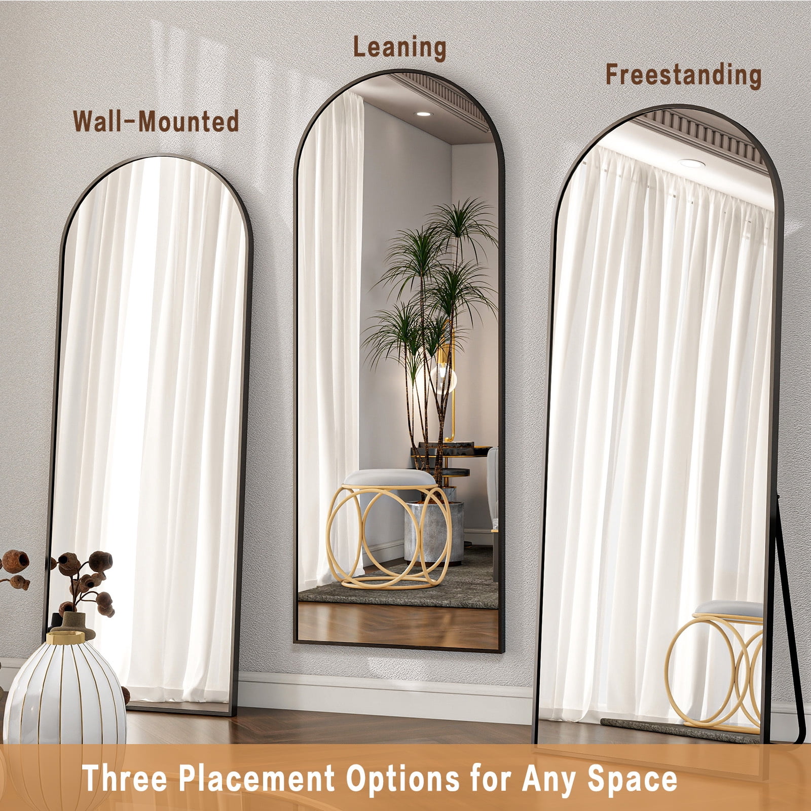 Anyrose 57.5"x 19" Arched Full Length Floor Mirror Wall-Mounted Mirror with Metal Frame, Black