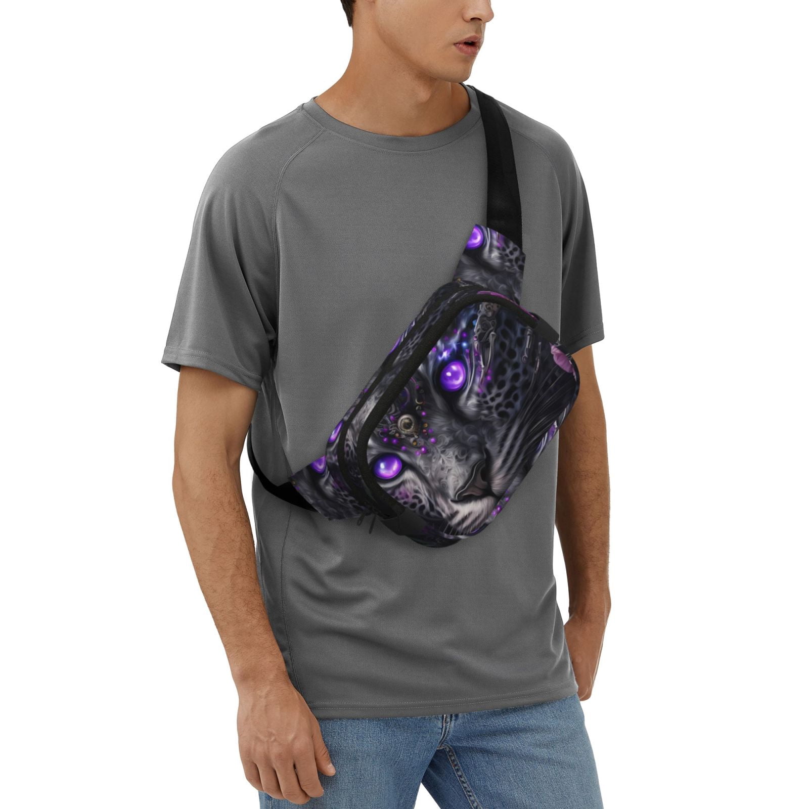 Fuzoiu Purple-Eyed Floral Leopard Print Unisex Square Double Layer Waist Bag,Crossbody Fanny Pack Travel Workout Accessory