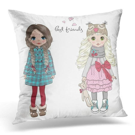 ARHOME Pink Pretty Beautiful Cute Little Girls on The with Inscription Best Friends Cartoon Pillow Case Pillow Cover 20x20