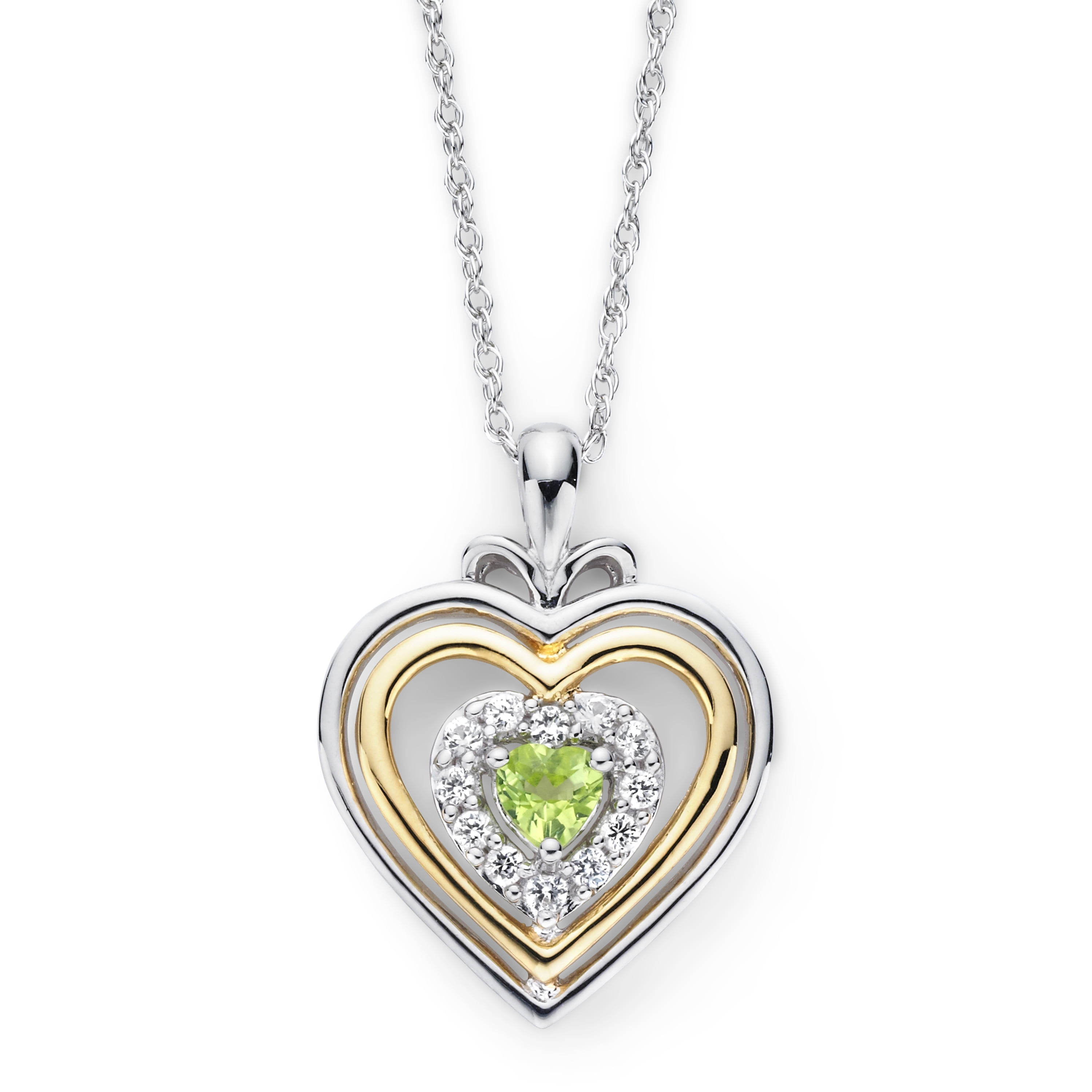 Brilliance 925 Sterling Silver with 14KY Gold Plated Peridot and Created White Sapphire Heart Pendant with 18" Chain