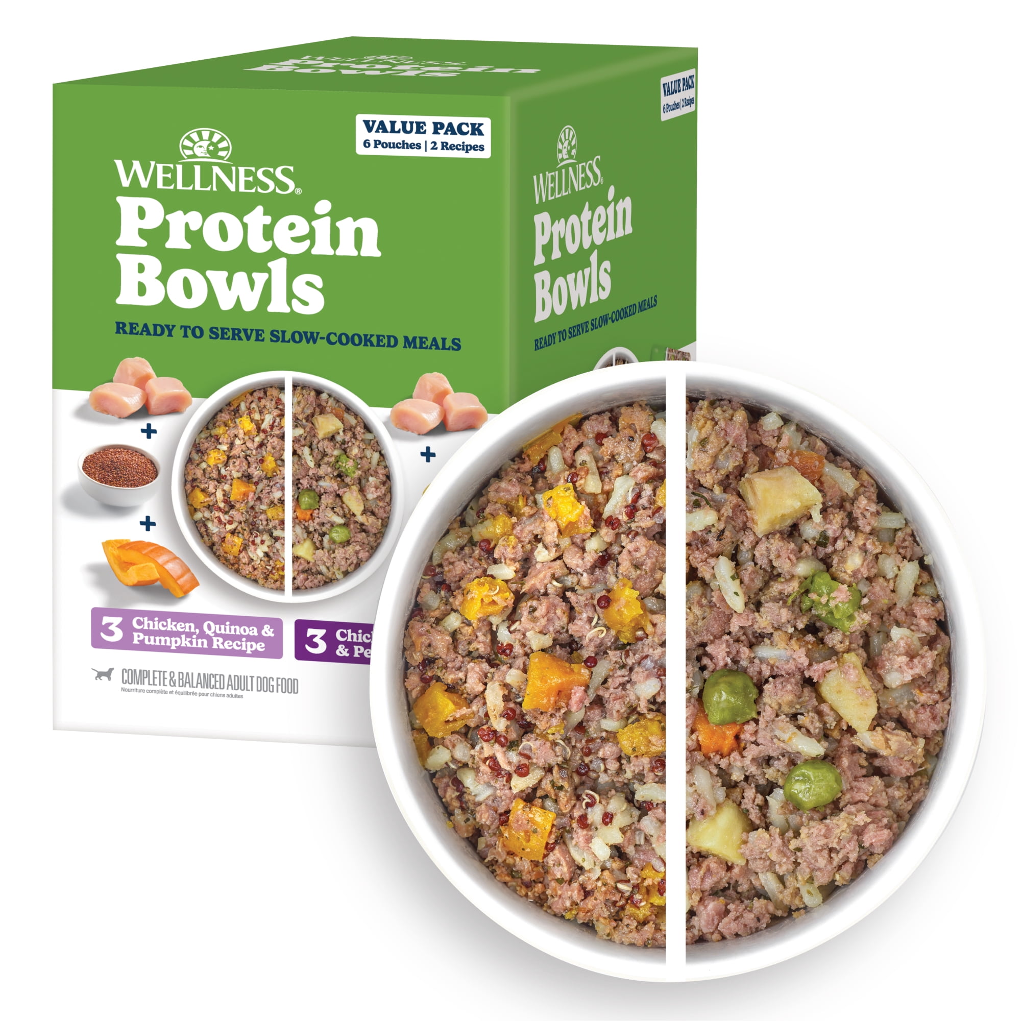 Wellness Protein Bowls, Adult Fresh Alternative Dog Food, Wholesome Grains, 6.2 Ounce Pouch, 6 Pack, (Chicken Value Pack)