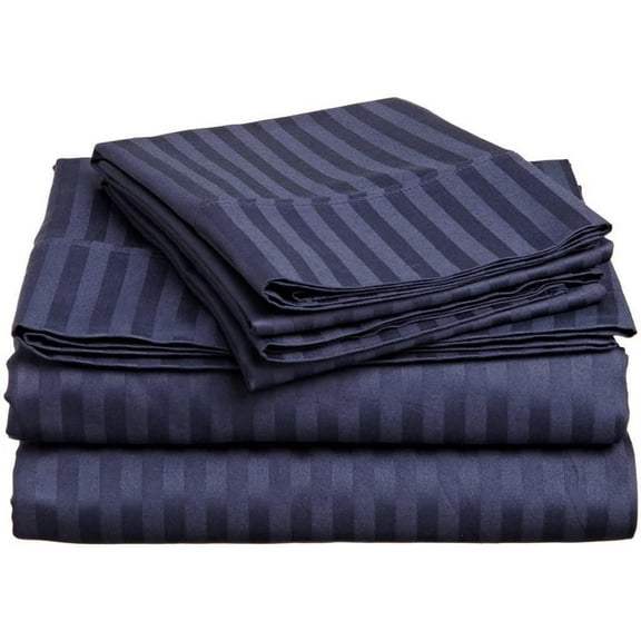 400 Thread Count 4 Piece Quality Sheet Set 27 Inch Deep Pocket 100% Egyptian Cotton Color Navy Blue Stripe Size Twin
