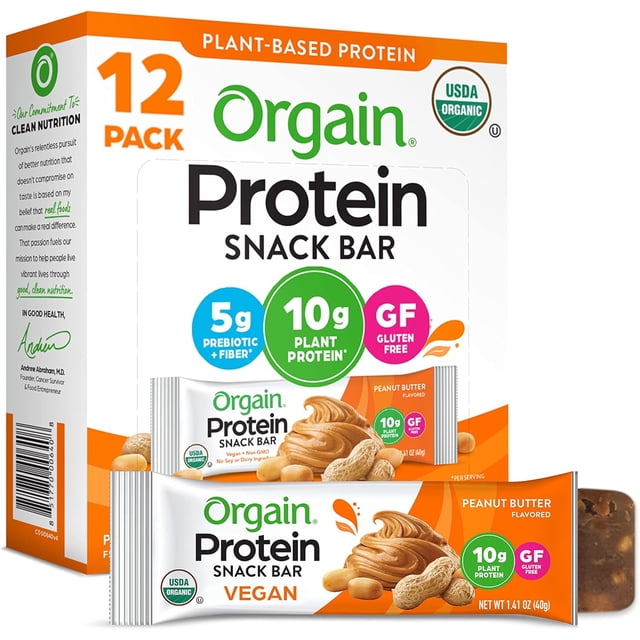 Organic Vegan Protein Bars, Peanut Butter Chocolate Chunk - 10g Plant Based Protein, Low Calorie Healthy Snacks, No Lactose or Soy Ingredients, Gluten Free, Non-GMO - 1.41 Oz (Pack of 12)