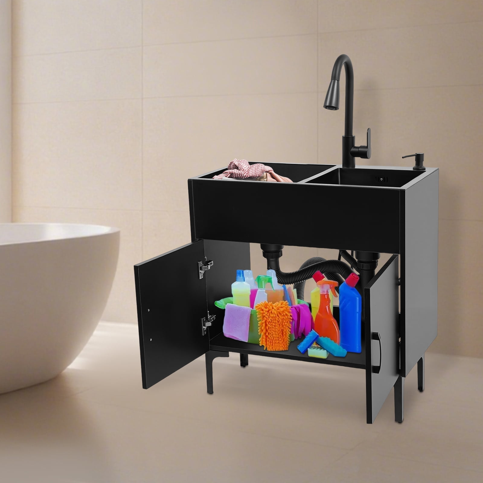 Laundry Sink Stainless Steel Utility Sink Cabinet with Sink with Flexible Faucet 75*41cm