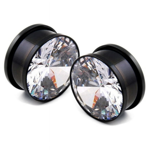 Pair of Small Gauge Black Anodized Titanium Ear Plugs with CZ Gem Screw-Fit