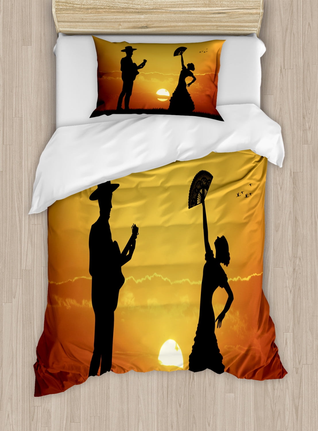Spanish Duvet Cover Set Twin Size, Flamenco Couple Dancer and Guitarist