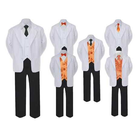 

5-7pc Formal Black White Suit Set Orange Bow Long Tie Vest Boy Baby Infant Sm-20 Teen