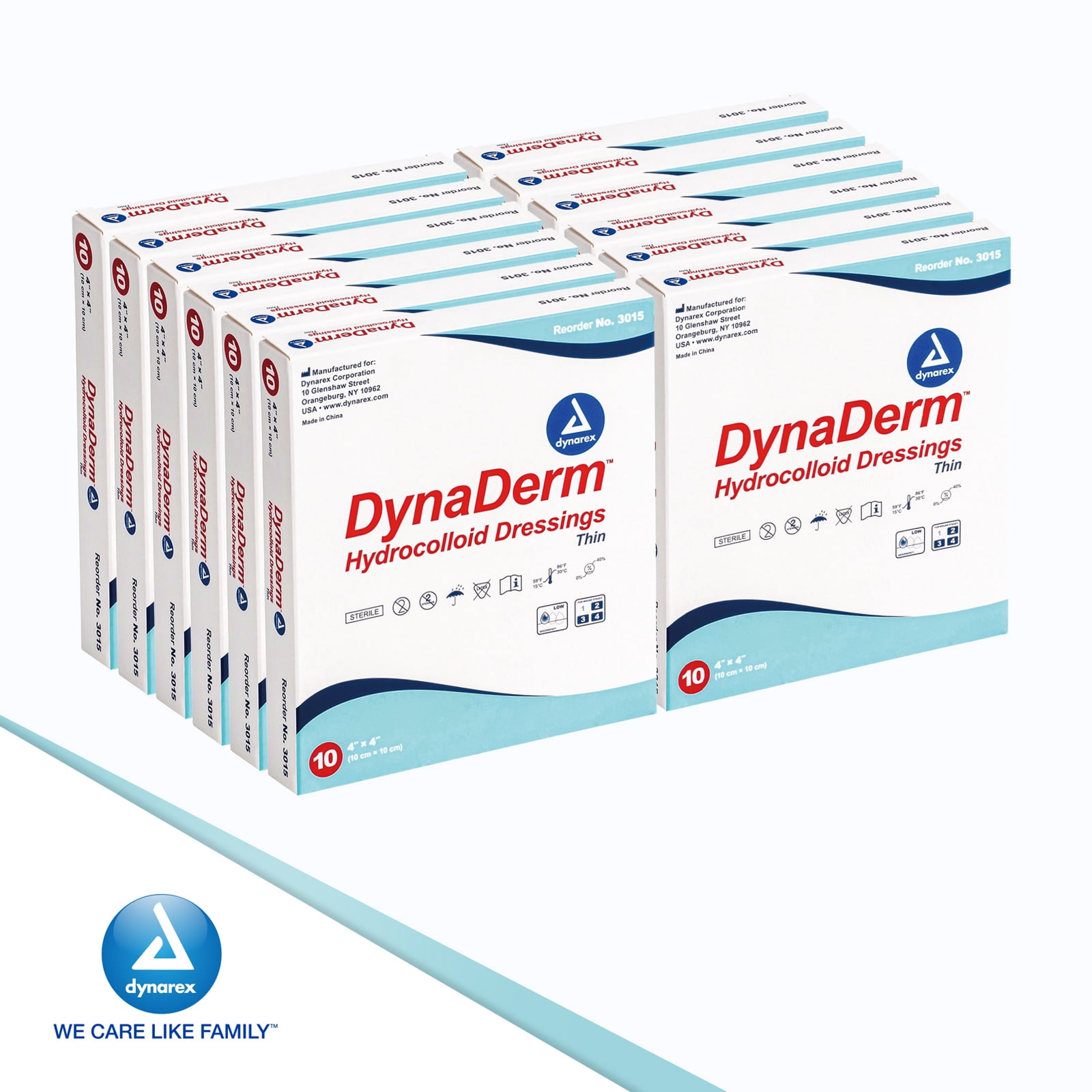 Dynarex DynaDerm Hydrocolloid Dressings, Sterile Moist Bandages Used for All Kinds of Wounds, 4" x 4", Thin & Latex-Free, Peel-Down Patches - 1 Case, 12 Boxes of 10 Dressings