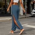 thumbnail image 2 of Levmjia Women Solid Color Side Slit Wide Leg Pants High Waisted Elastic Waist Casual Yoga Trousers for Summer Beach Vacation, 2 of 9