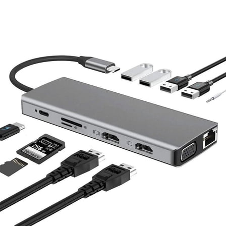 12-in-1 USB-C Hub with Dual 4K HD, VGA, USB 3.0/2.0, RJ45 Dock Splitter, PD Fast Charging, and SD/TF Card Reader