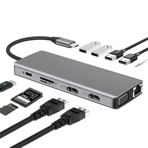 12-in-1 USB-C Hub with Dual 4K HD, VGA, USB 3.0/2.0, RJ45 Dock Splitter, PD Fast Charging, and SD/TF Card Reader